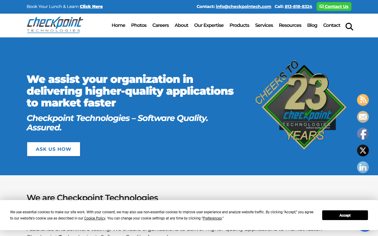 Live preview of the Checkpoint Technologies public WordPress marketing site, desktop preview