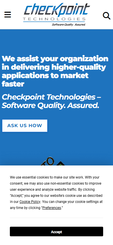 Live preview of the Checkpoint Technologies public WordPress marketing site, mobile preview