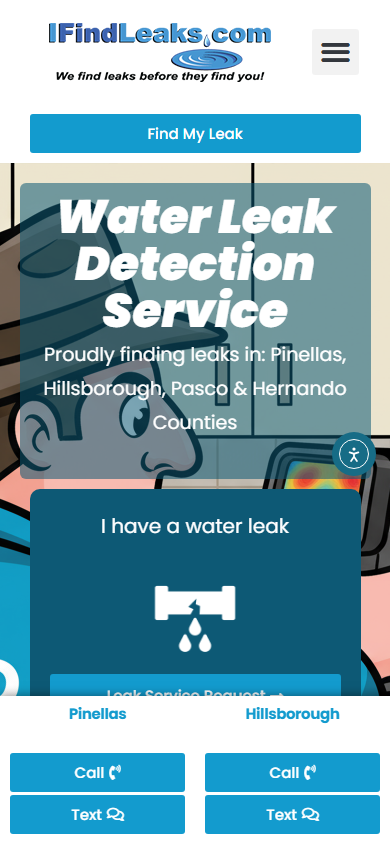 Live preview of the I Find Leaks public WordPress marketing site, mobile preview