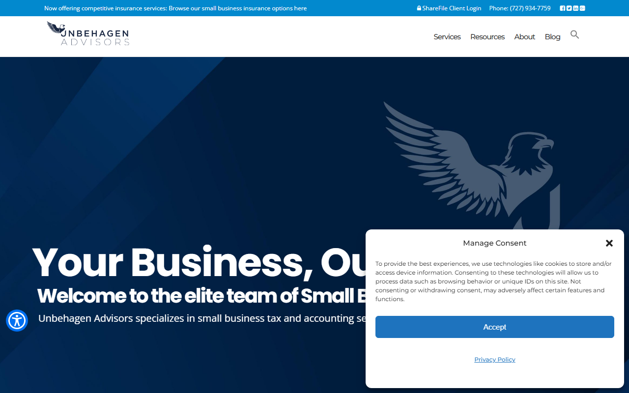 Live preview of the Unbehagen Advisors public WordPress marketing site, desktop preview