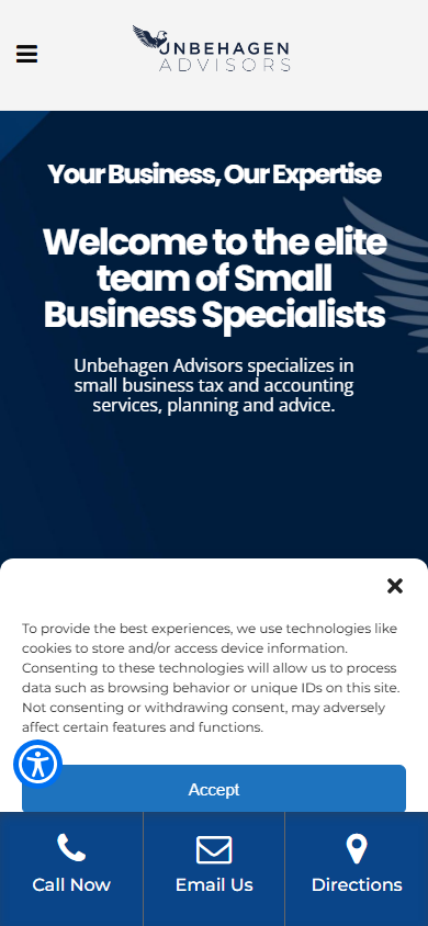 Live preview of the Unbehagen Advisors public WordPress marketing site, mobile preview